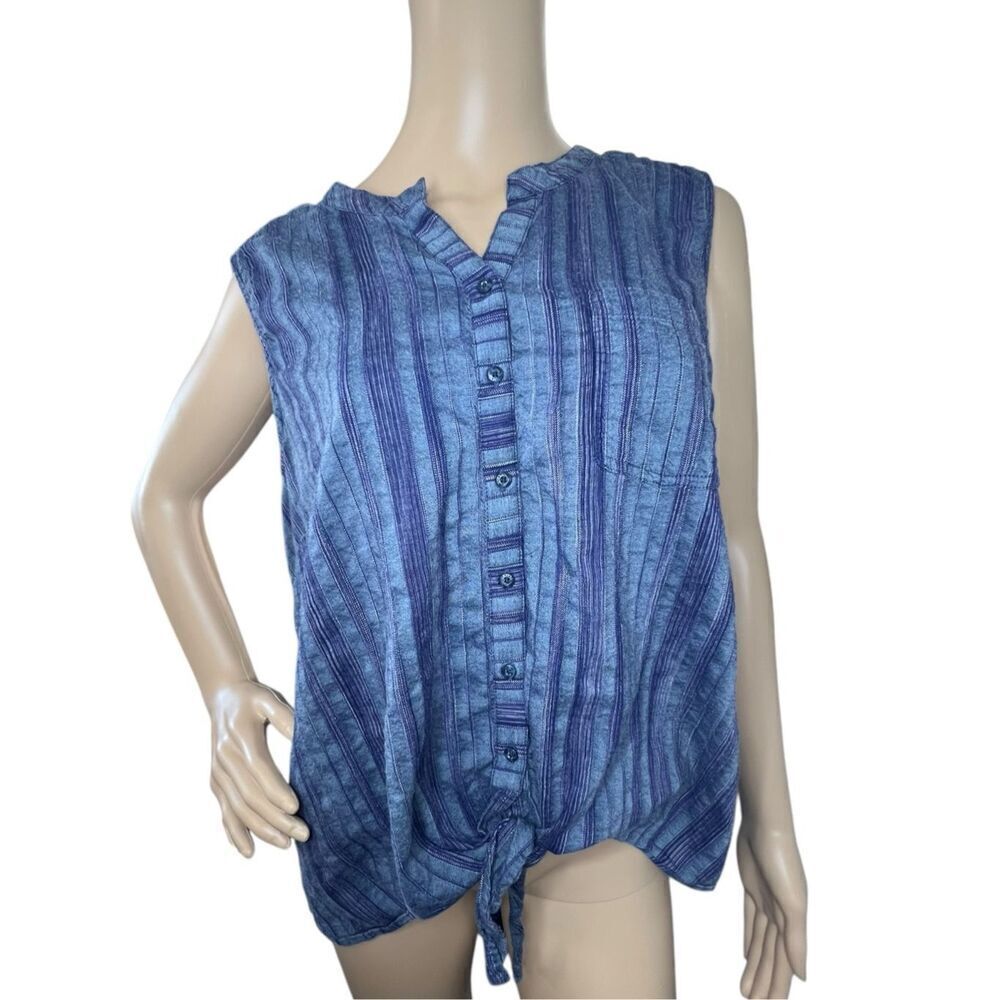 Ariat Blue Striped Sleeveless Button Up Collared Blouse With Front Tie